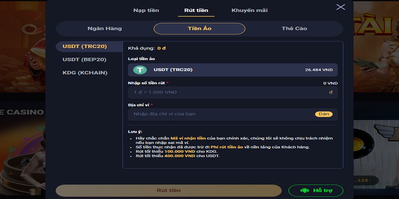 Hướng dẫn rút tiền VIN777 nhanh chóng theo 3 cách 2 Bạn có thể dùng ví tiền ảo KDG hoặc USDT để lấy tiền từ VIN777 SA