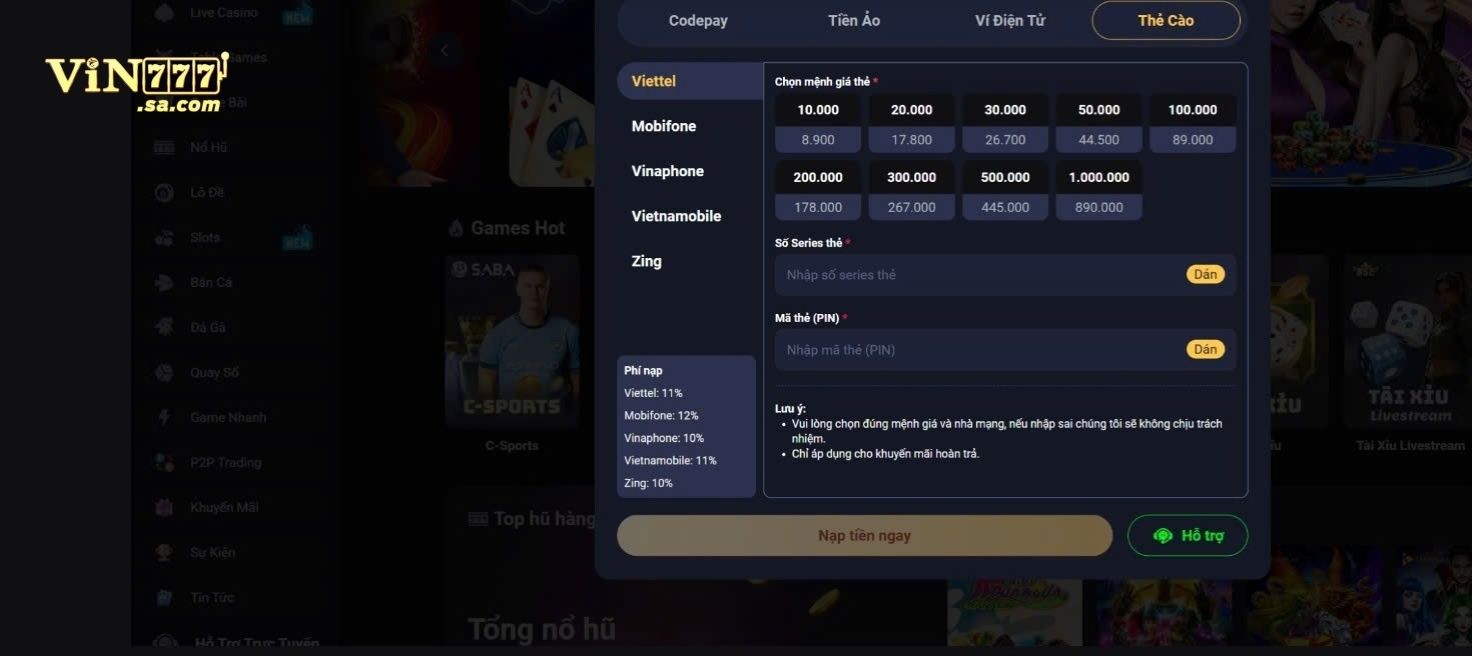 Các bước nạp tiền bằng thẻ cào tại VIN777 cực dễ